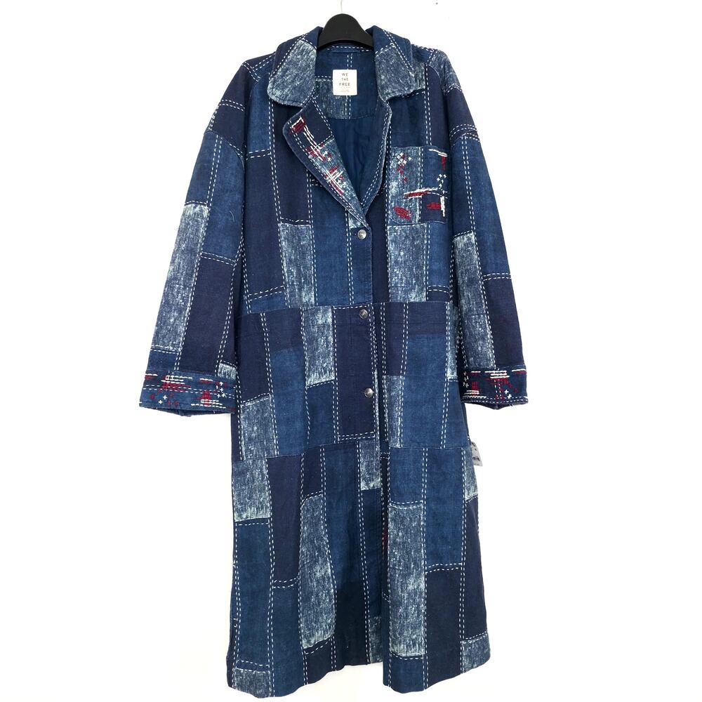 Free People We The Free Open Studio Duster Indigo Patchwork Denim Coat XS/S NWT - Picture 2 of 13